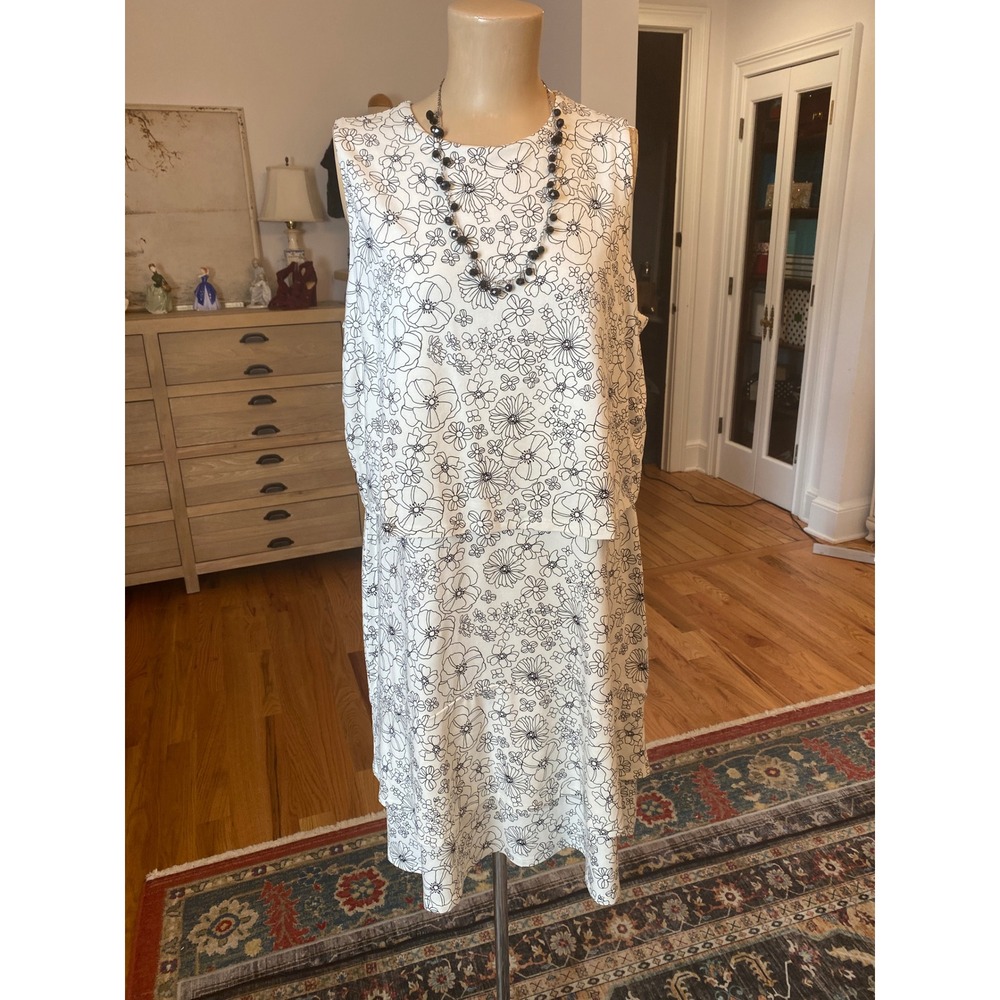 J. Jill Wearever Sleeveless Floral Tiered Dress Black White Rayon Knit Large